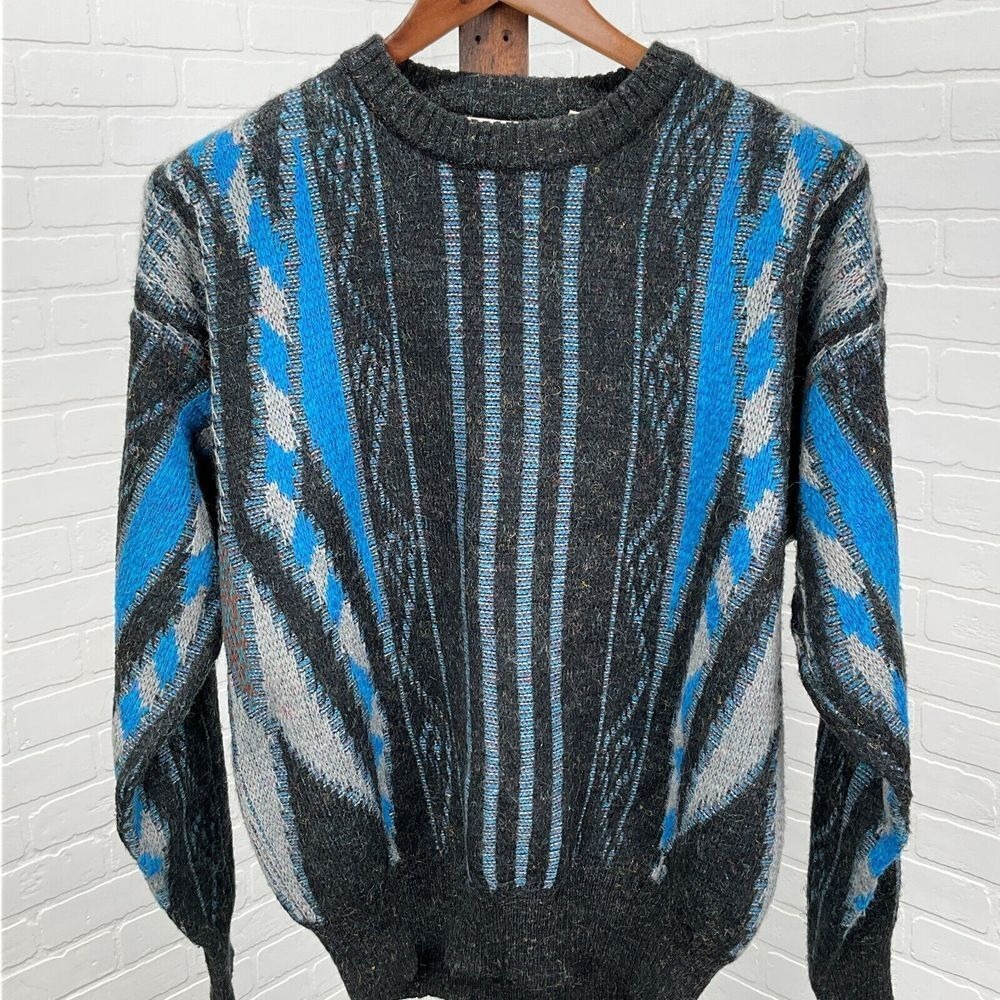 Michael Gerald Sweater Mens Large Blue Black‎ Acrylic Blend Retro 80s VTG